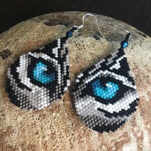 Hand Crafted White Tiger Blue Eye Brick Stitch Beaded Pierced Earrings